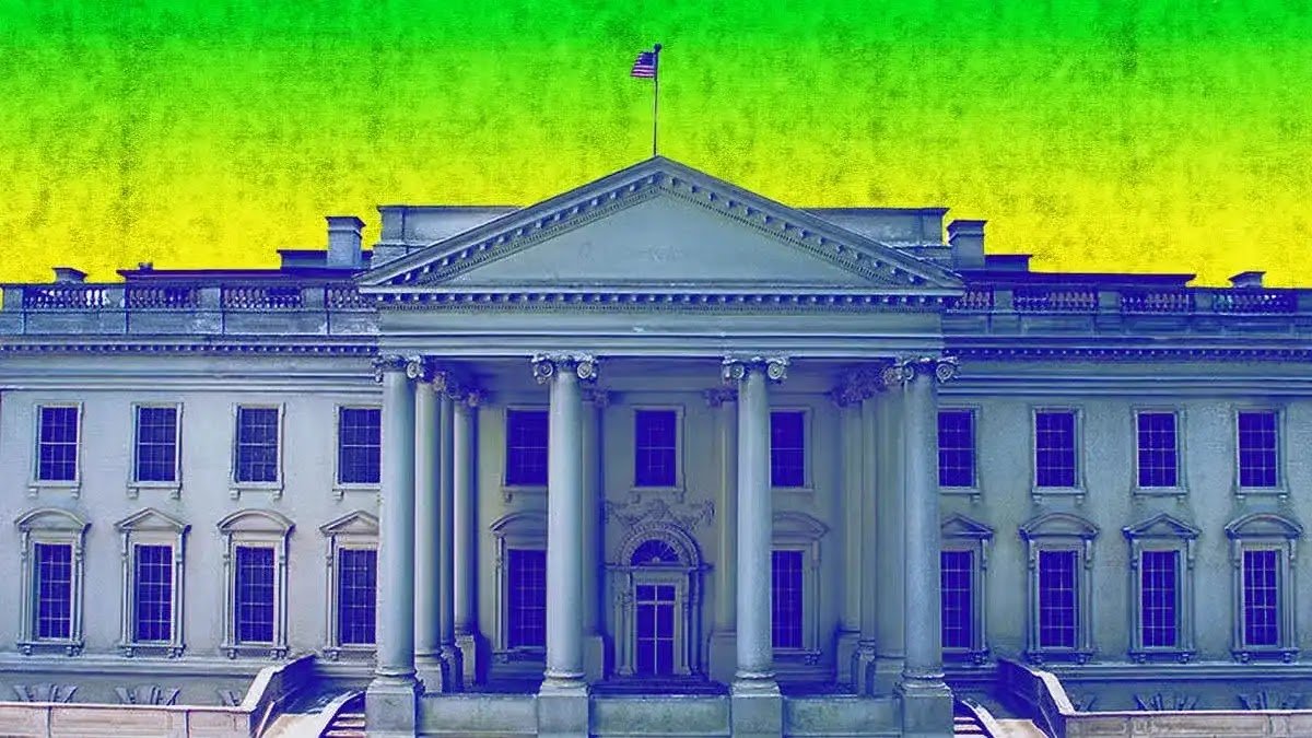 Front view of the White House building with the US flag under a vibrant green and yellow gradient sky.