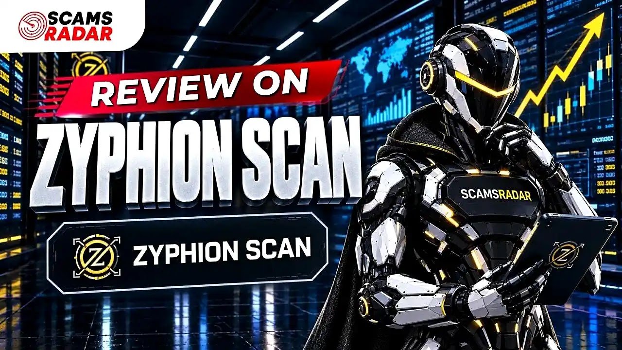 Cybernetic robotic figure in futuristic black and gold armor holding a tablet with the Zyphion Scan logo next to financial charts and the Scams Radar review header.